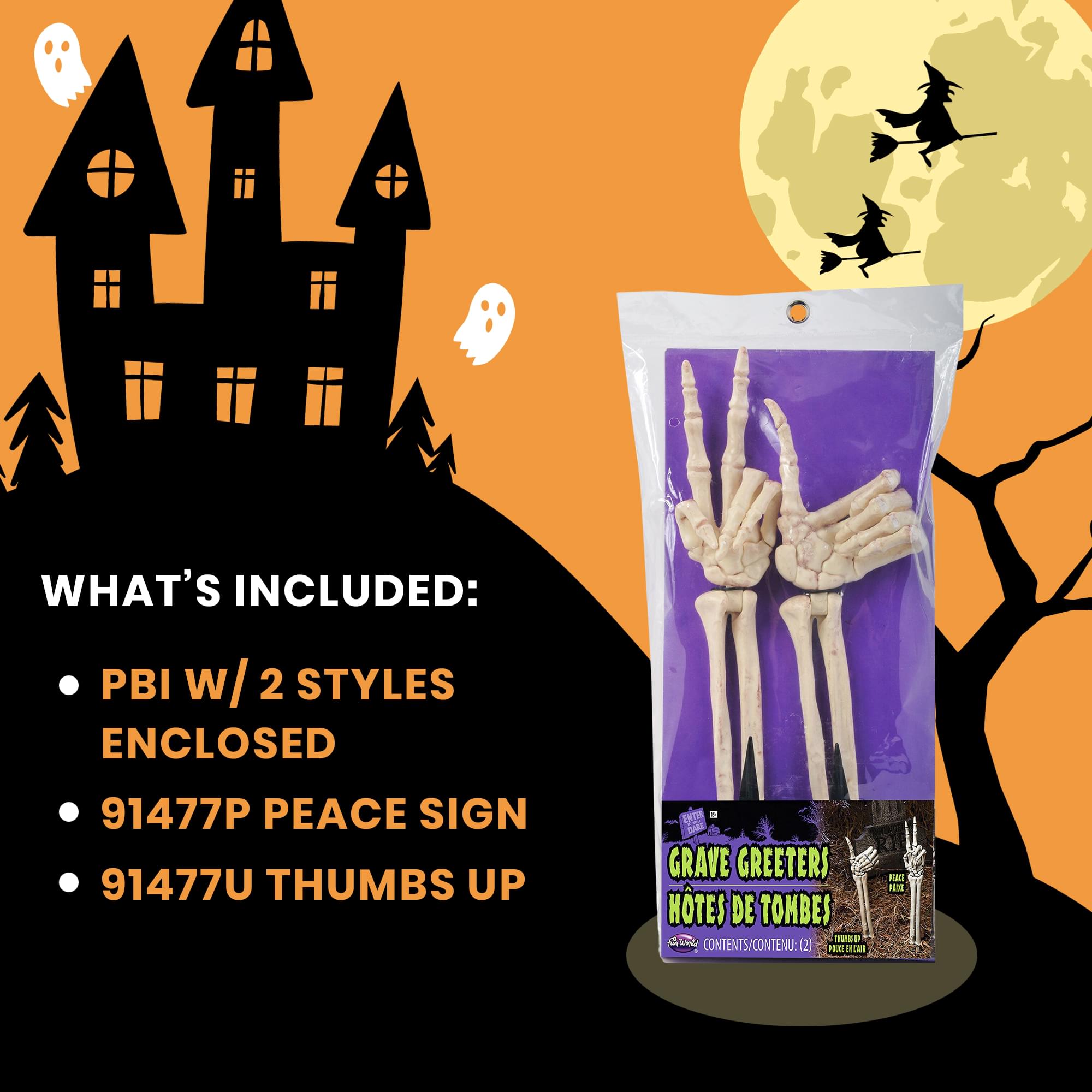 Grave Greetings Thumbs Up and Peace Sign Skeleton Arms