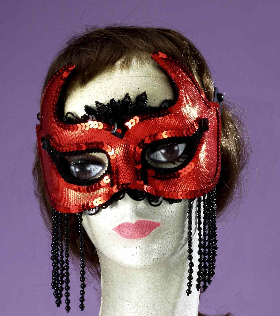 Red Sequin She-Devil Mardi Gras Costume Half Mask