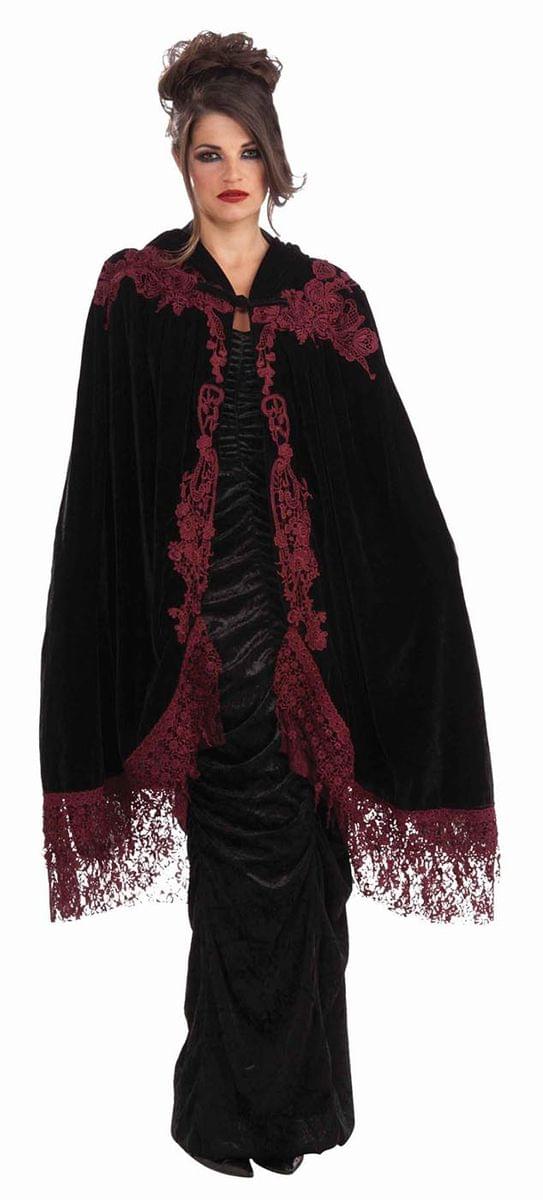 Gothic Vampiress 45" Velvet And Lace Victorian Costume Cape