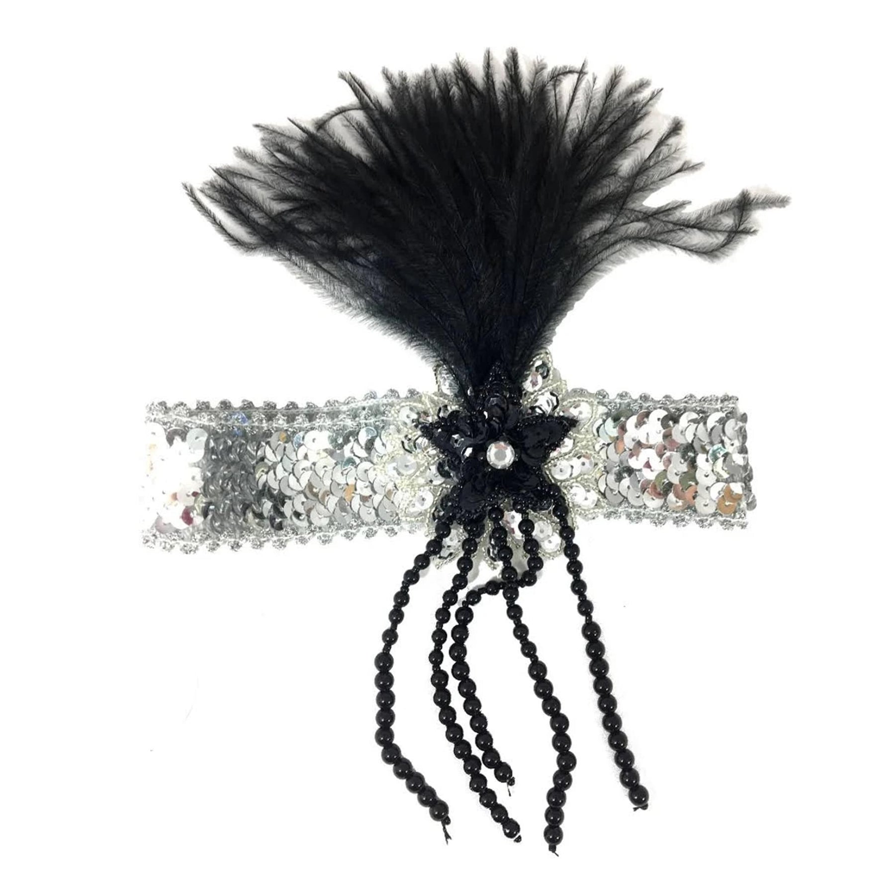 Silver Sequin Adult Costume Flapper Headband With Black Feathers