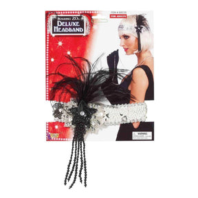 Silver Sequin Adult Costume Flapper Headband With Black Feathers
