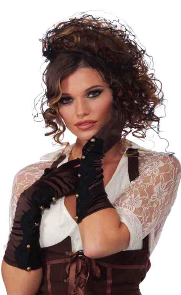 Long Brown Steampunk Costume Gloves With Gold Button Detail