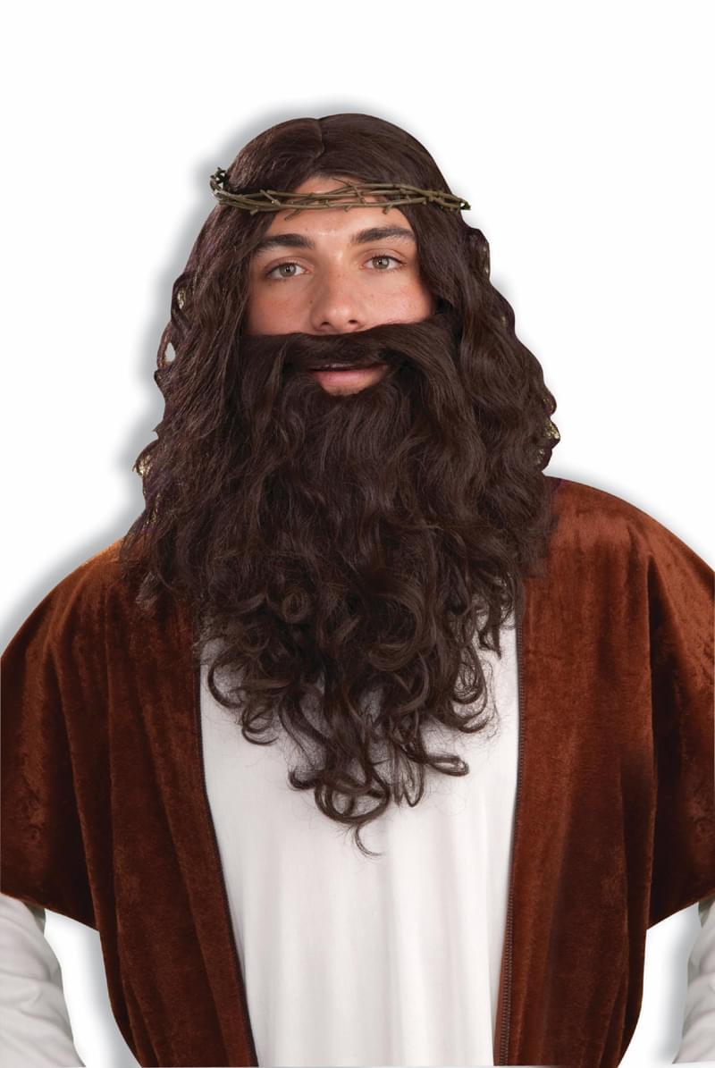 Jesus Holy Man Wig Beard &Thorn Crown Costume Kit