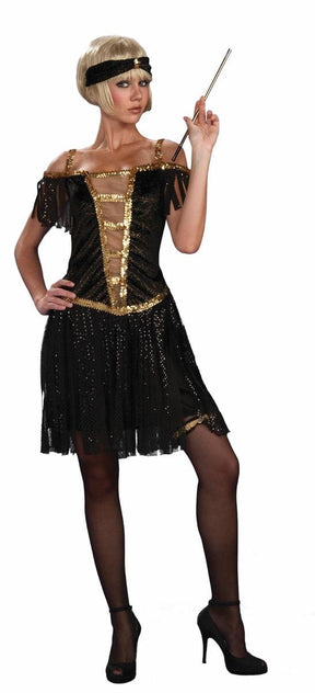 Roaring 20's Flapper Gold & Black Dress Costume Adult