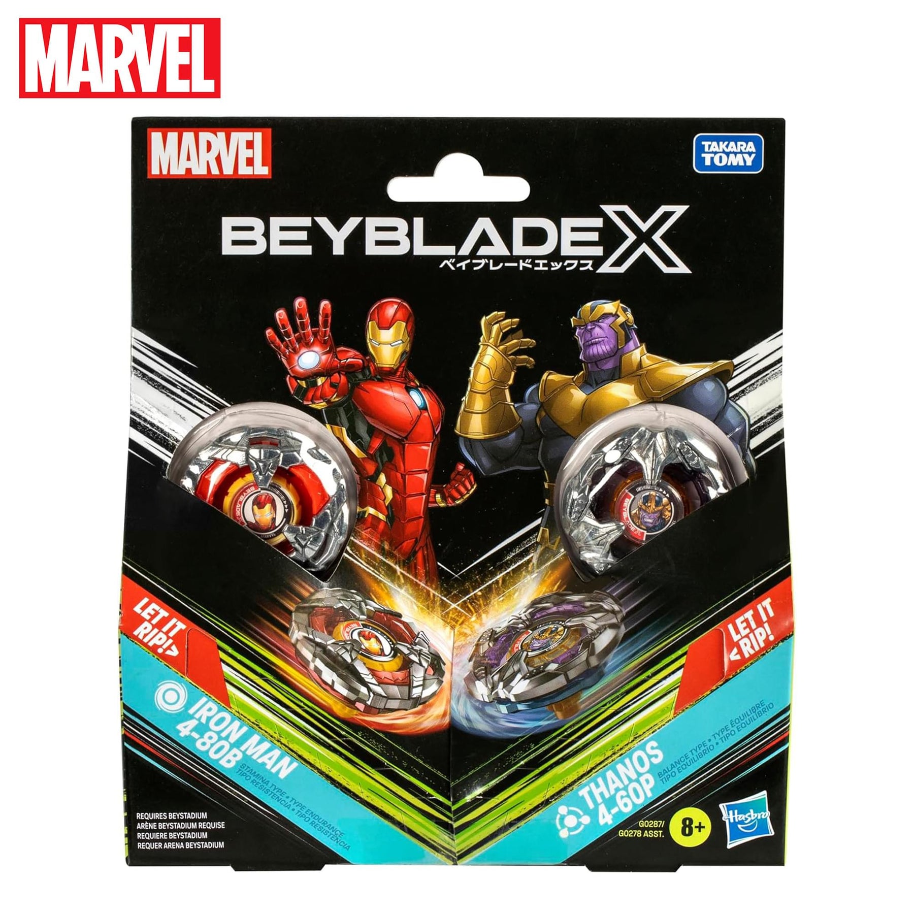 Beyblade X Marvel Iron Man 4-80B vs Thanos 4-60P Dual Pack Set
