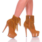 Amber-401 Micro Suede 6" Heel Ankle Bootie W/Fringe: Camel Suede