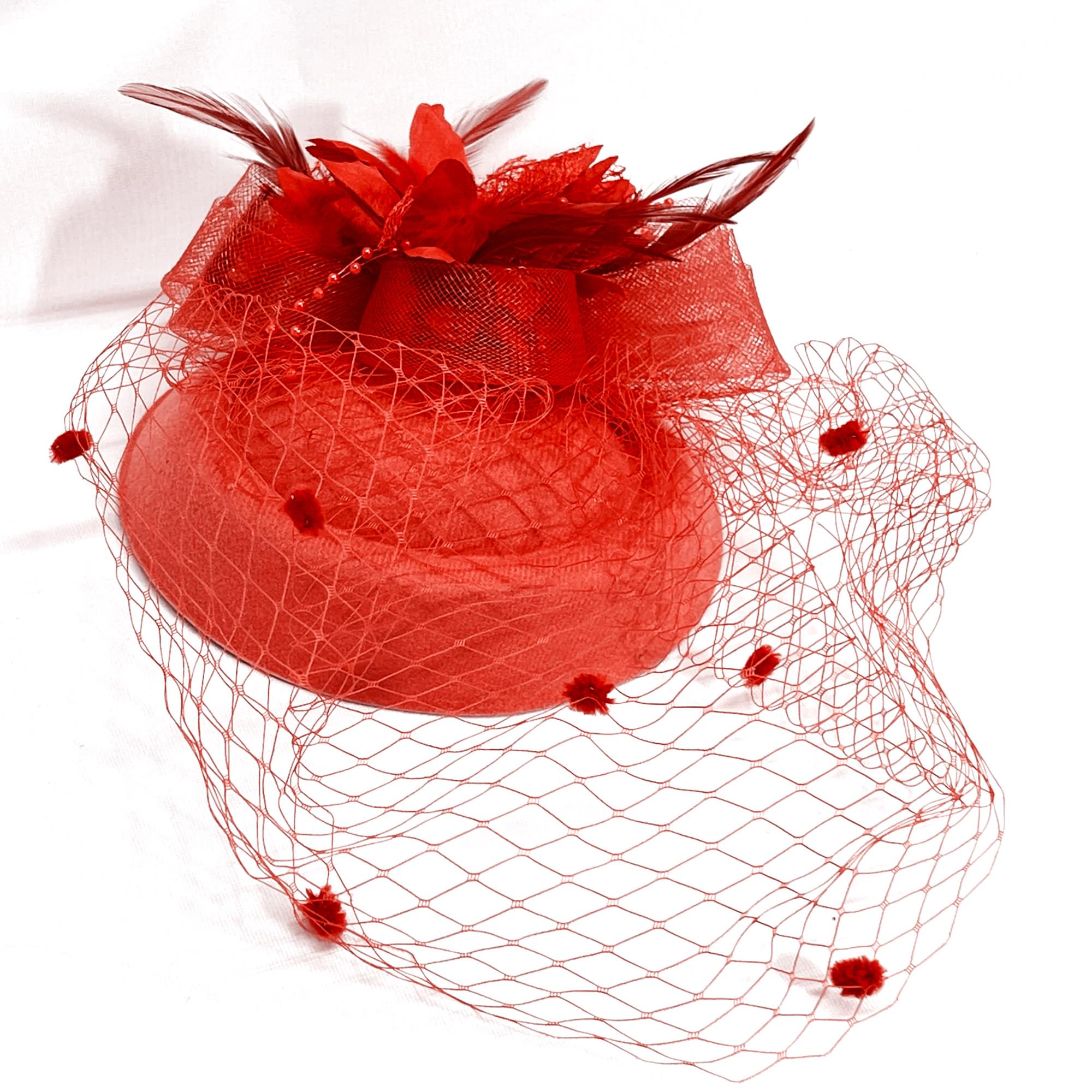 Feathery Red Fascinator with Lace Veil Adult Costume Hat