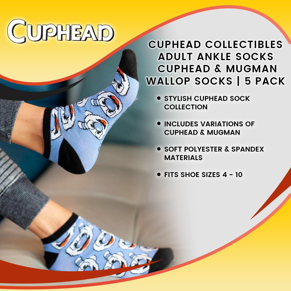 Cuphead Collectibles Adult Ankle Socks | Cuphead & Mugman Wallop Socks | 5 Pack