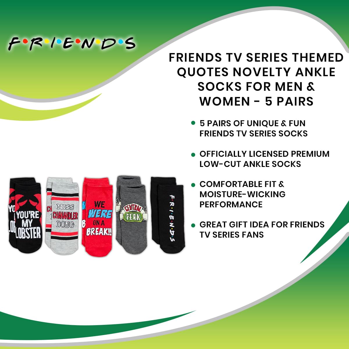 Friends TV Series Themed Quotes Novelty Ankle Socks for Men & Women - 5 Pairs