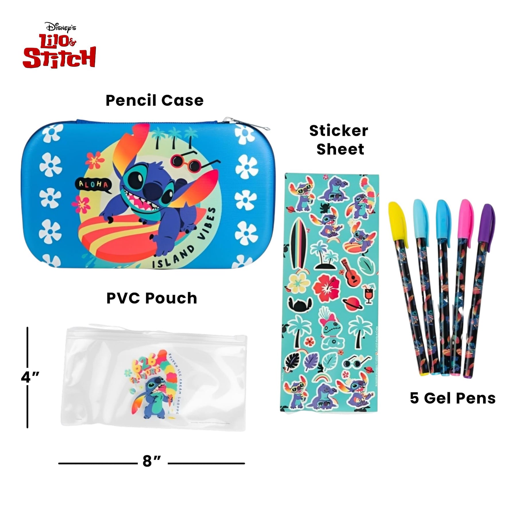 Disney Lilo & Stitch Pencil Case With Stickers and 5 Gel Pens | 8 x 5 Inches