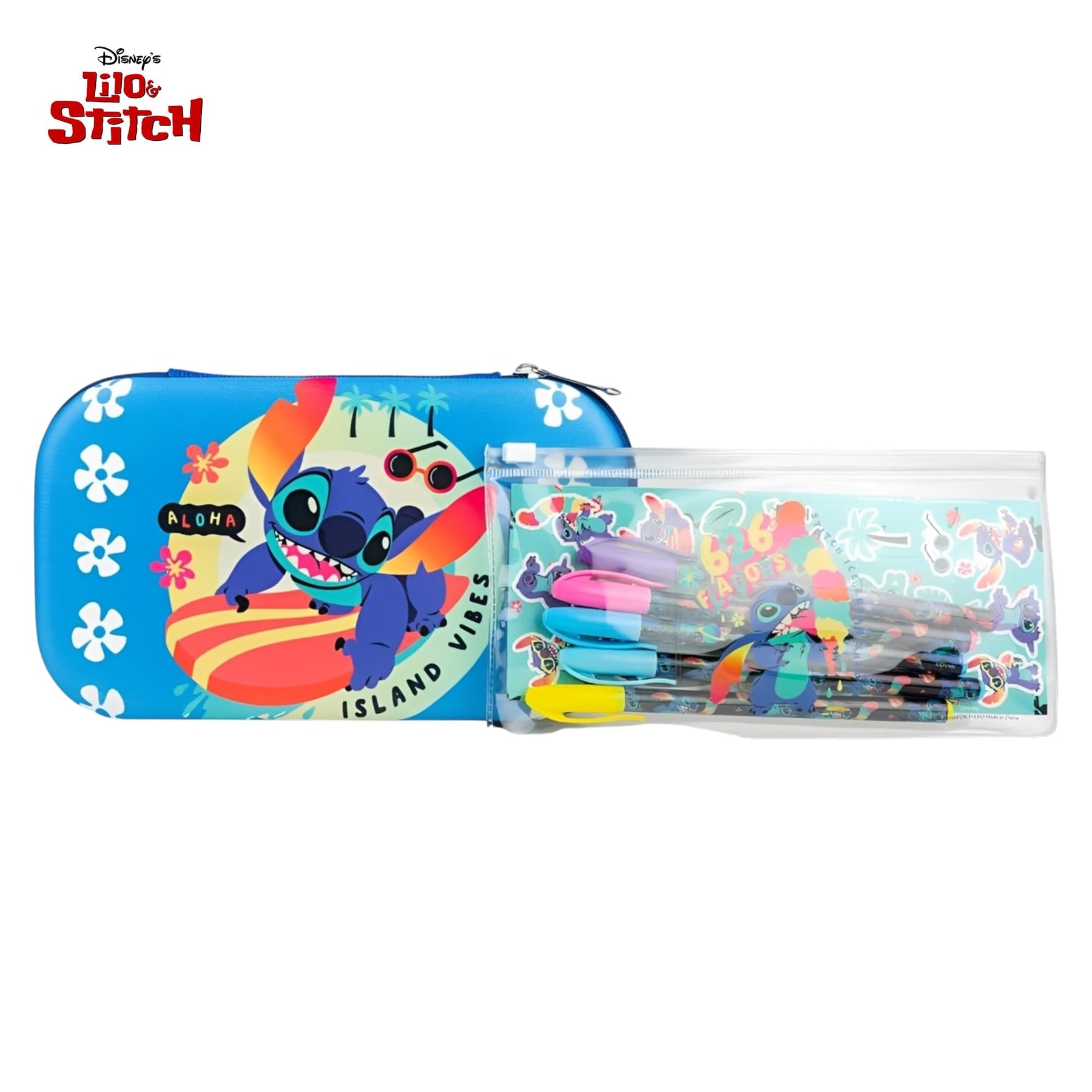 Disney Lilo & Stitch Pencil Case With Stickers and 5 Gel Pens | 8 x 5 Inches