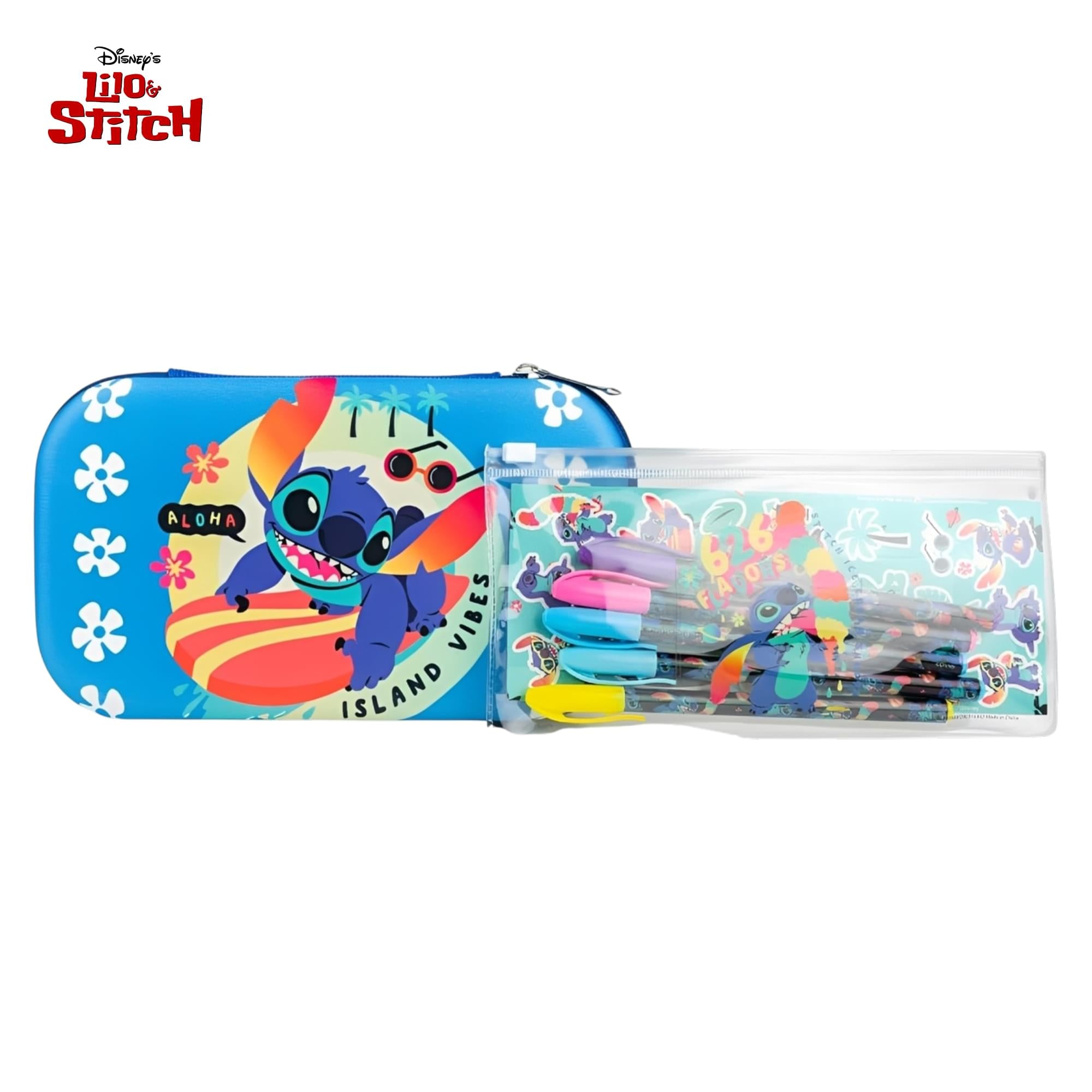 Disney Lilo & Stitch Pencil Case With Stickers and 5 Gel Pens | 8 x 5 Inches