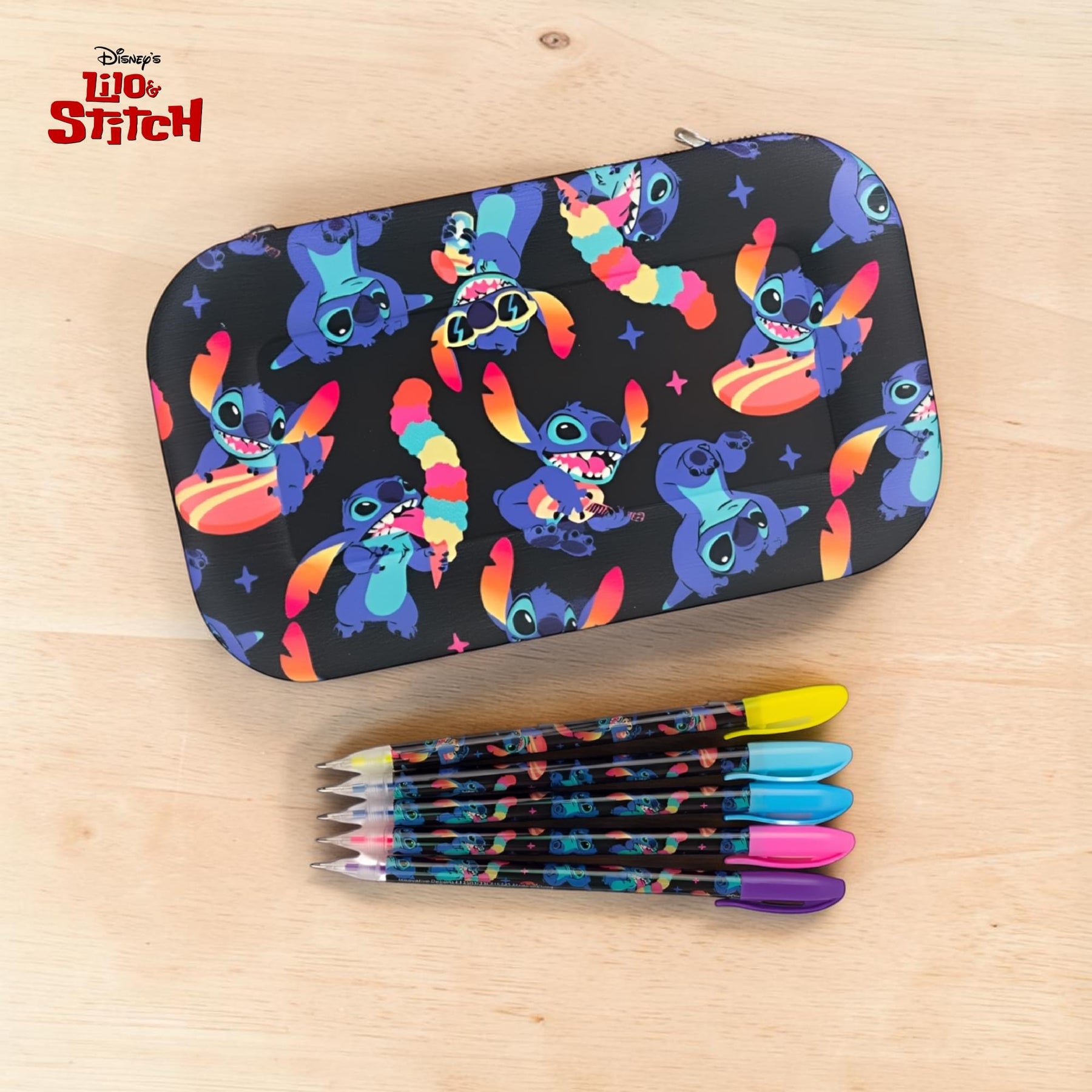 Disney Lilo & Stitch Pencil Case With Stickers and 5 Gel Pens | 8 x 5 Inches
