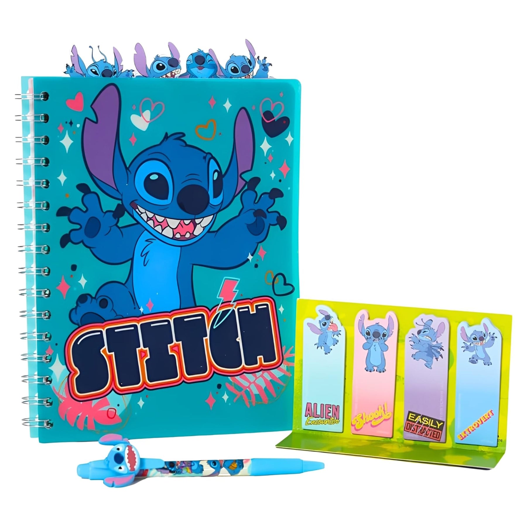 Disney Lilo & Stitch 4-Tabbed Spiral Journal Set With Sticky Notes and Pen | 96 Lined Pages