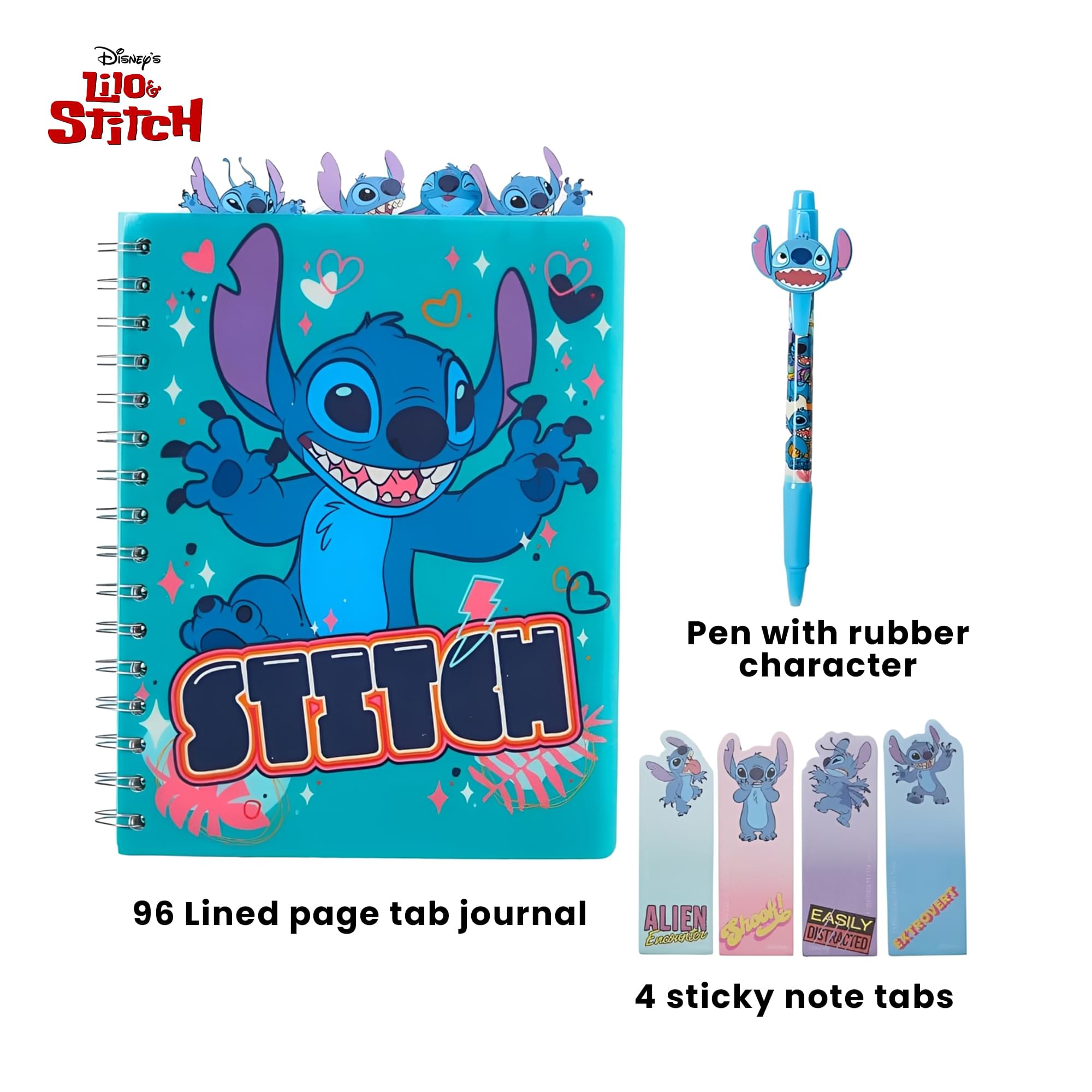 Disney Lilo & Stitch 4-Tabbed Spiral Journal Set With Sticky Notes and Pen | 96 Lined Pages