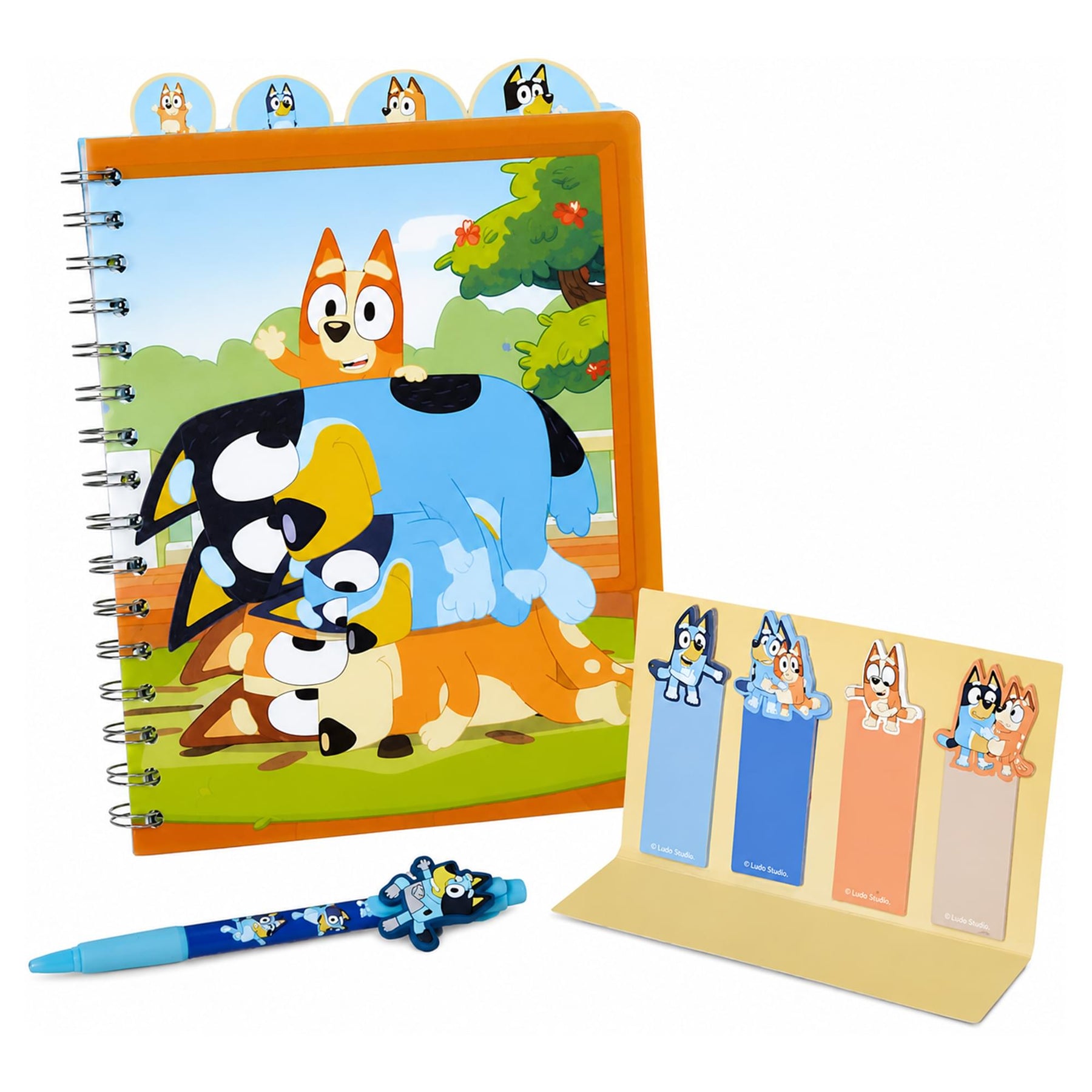 Bluey 4-Tabbed Spiral Journal Set With Sticky Notes and Pen | 96 Lined Pages