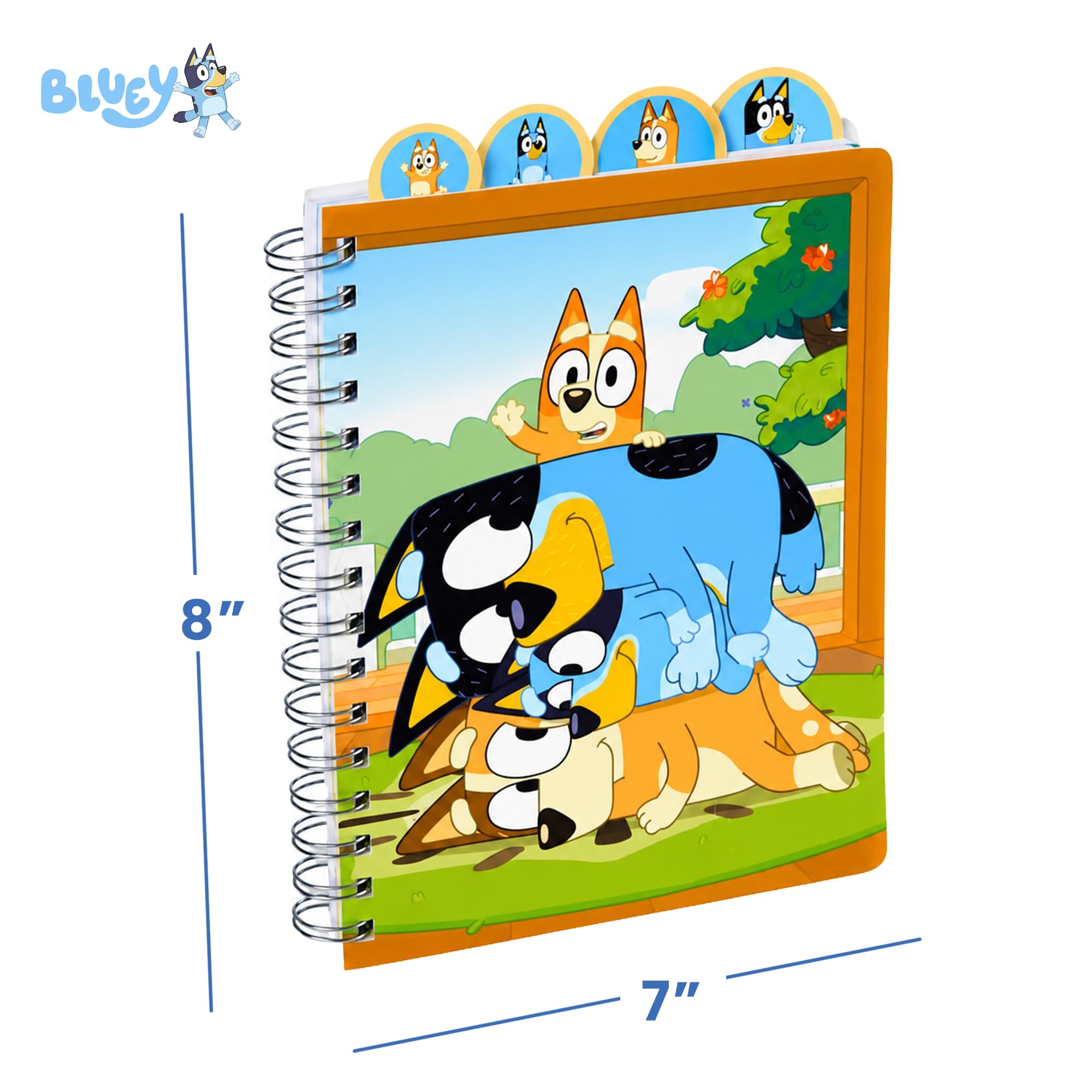 Bluey 4-Tabbed Spiral Journal Set With Sticky Notes and Pen | 96 Lined Pages