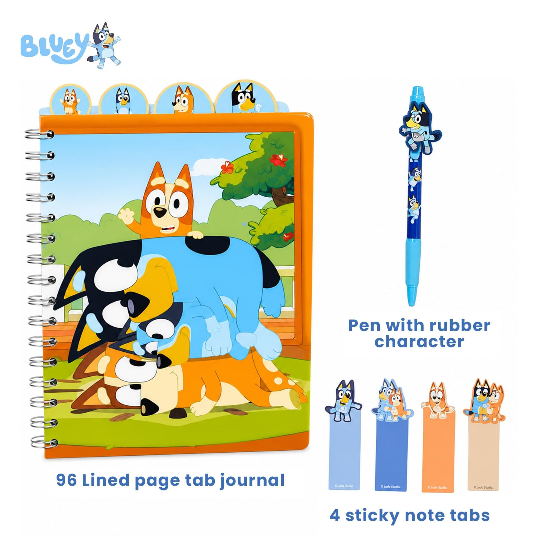 Bluey 4-Tabbed Spiral Journal Set With Sticky Notes and Pen | 96 Lined Pages
