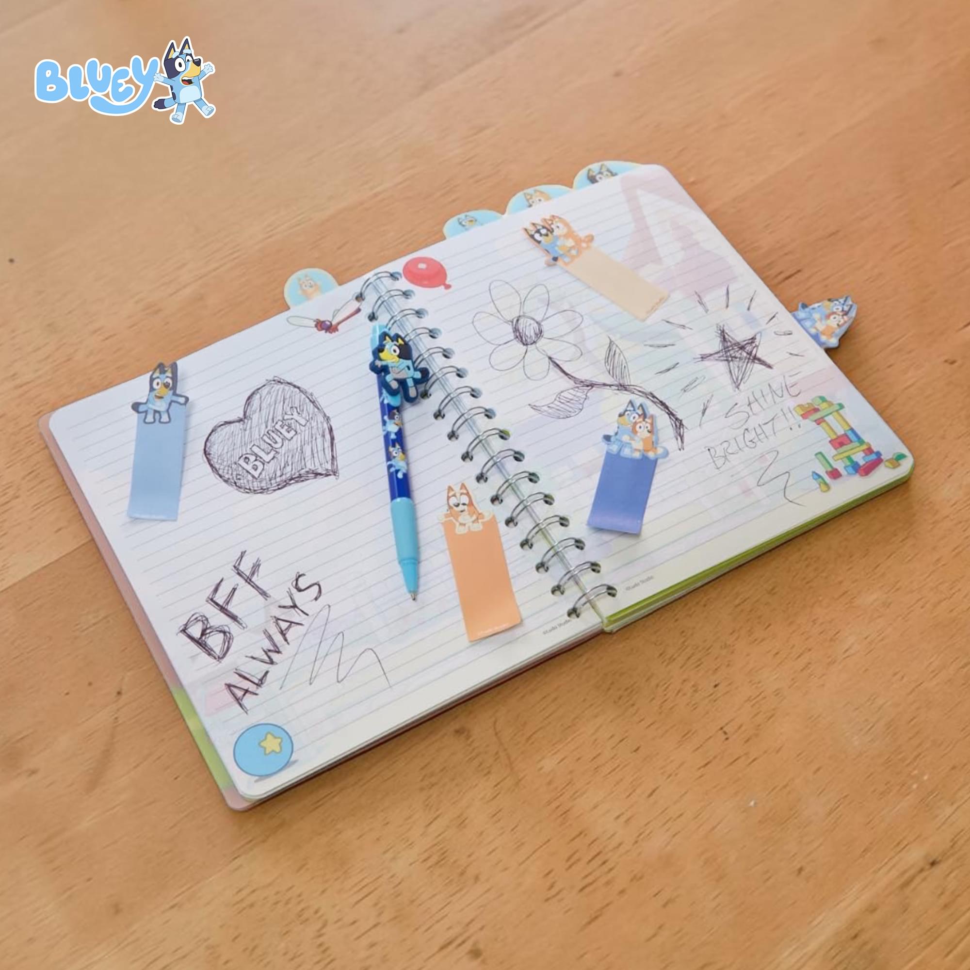 Bluey 4-Tabbed Spiral Journal Set With Sticky Notes and Pen | 96 Lined Pages