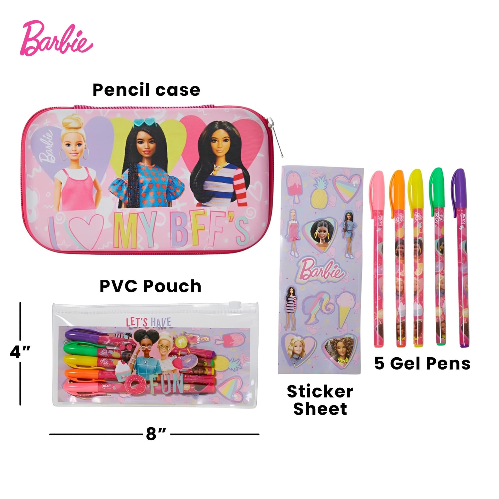 Barbie Pencil Case With Stickers and 5 Gel Pens | 8 x 5 Inches