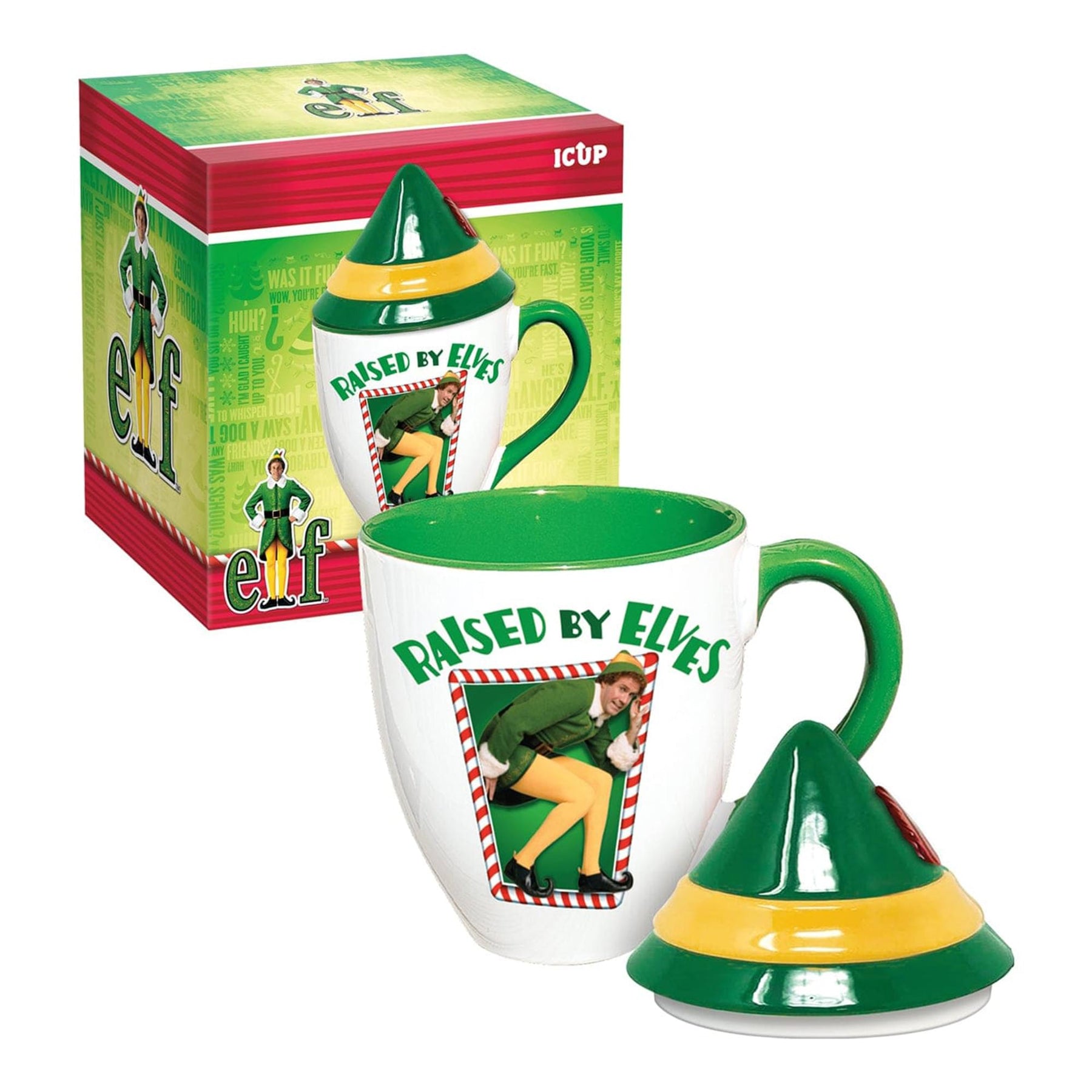 Elf "Raised BY Elves" 16 Ounce Ceramic Mug With Lid