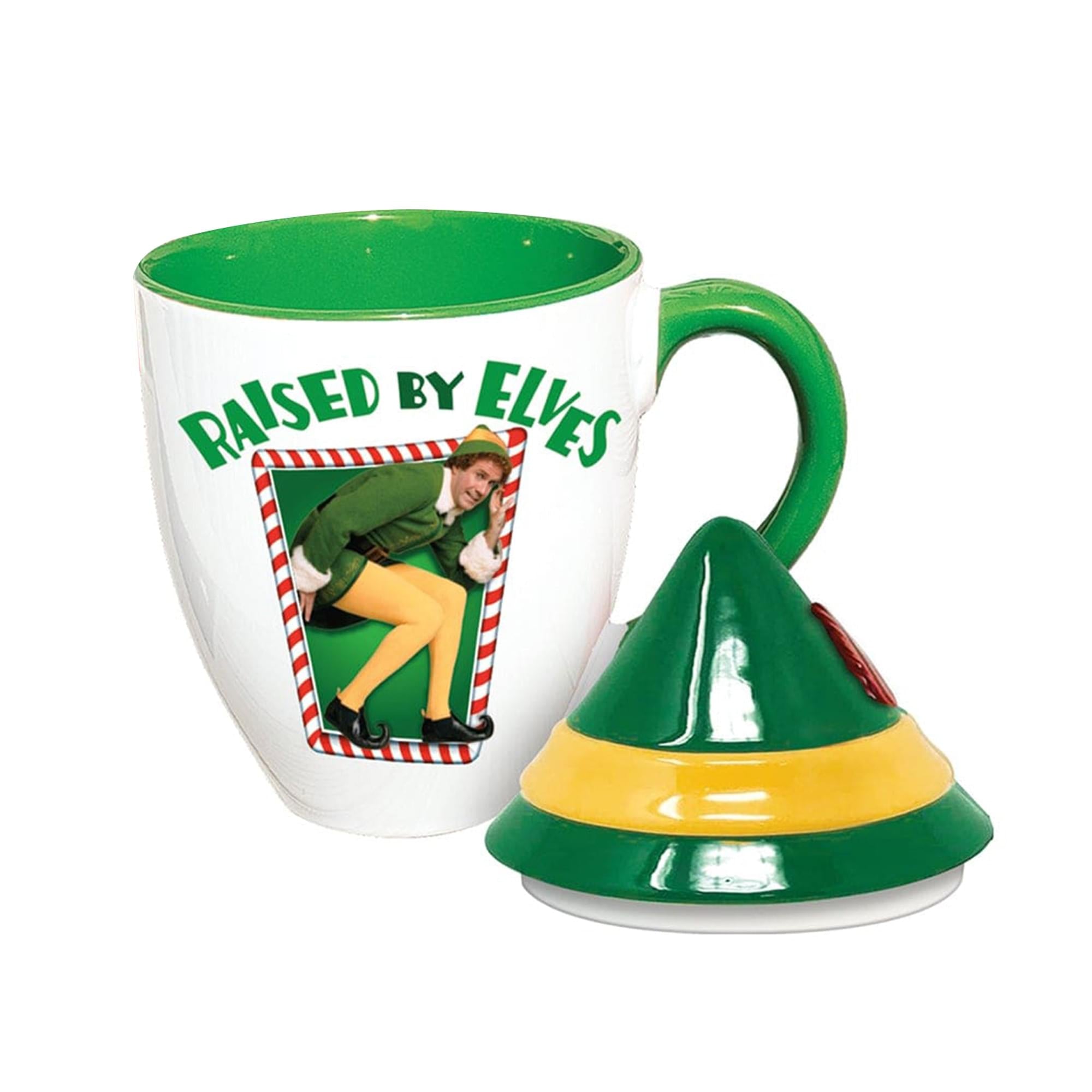 Elf "Raised BY Elves" 16 Ounce Ceramic Mug With Lid