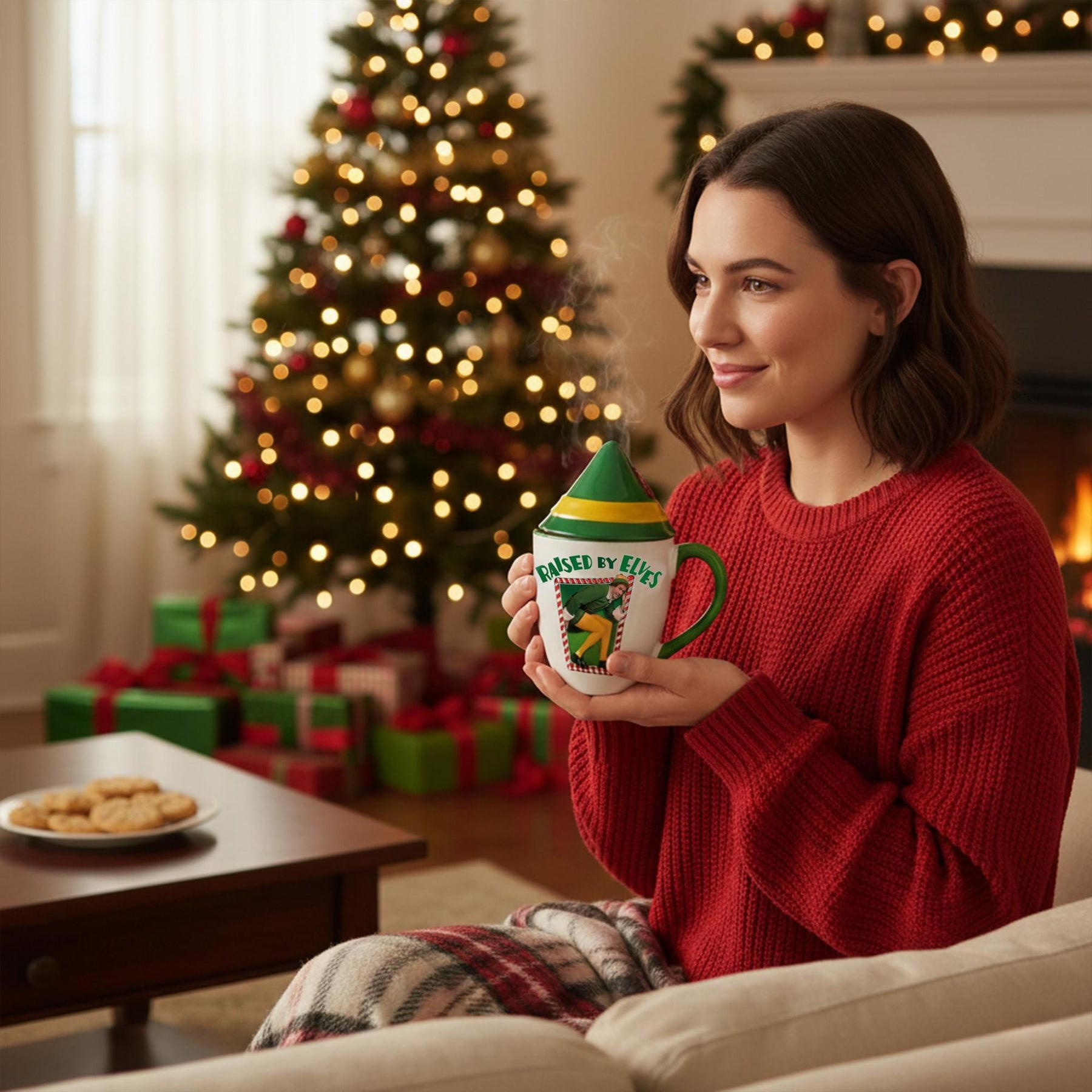 Elf "Raised BY Elves" 16 Ounce Ceramic Mug With Lid