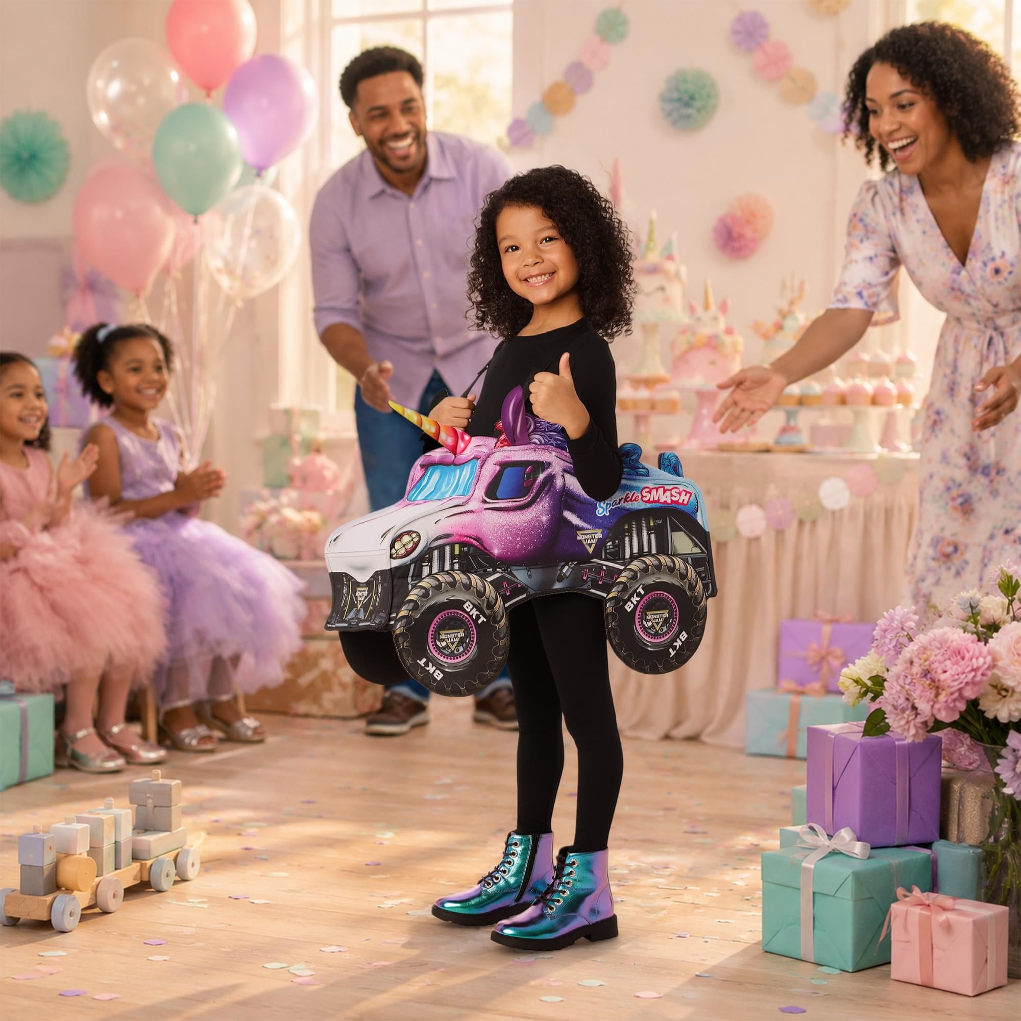 Monster Jam Sparkle Smash Toddler Ride-Along Costume | One Size Fits To Size 6