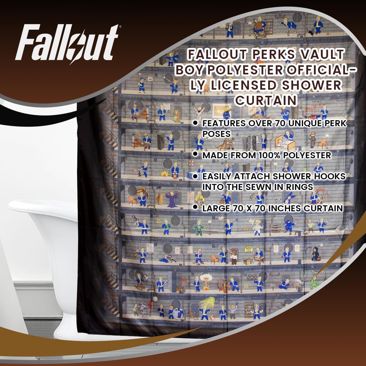 Fallout Perks Vault Boy Polyester Officially Licensed Shower Curtain