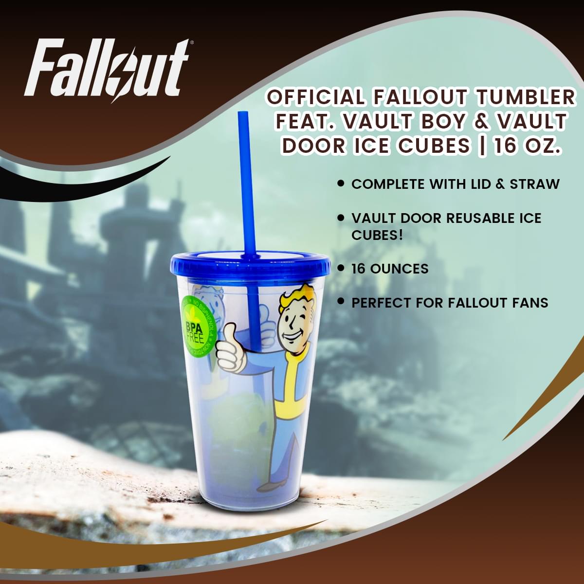 OFFICIAL Fallout Tumbler | Feat. Vault Boy & Vault Door Ice Cubes | 16 Oz.