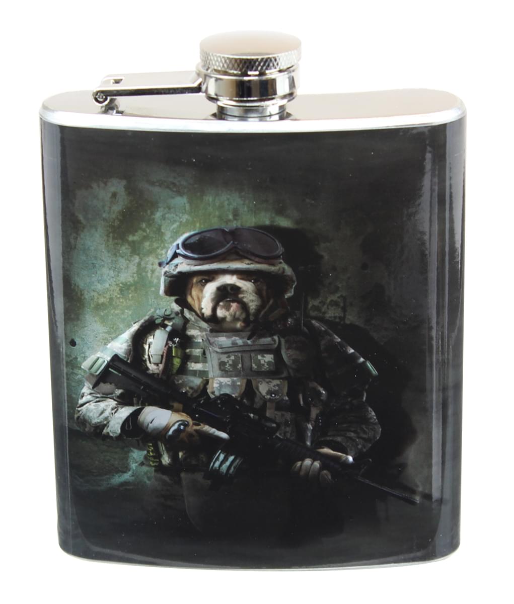 Combat Dog Drinkware Bundle: 2oz Shot Glasses, 11oz Mug, 7oz Flask
