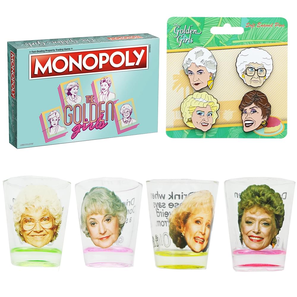 The Golden Girls Monopoly Board Game, Shot Glass 4-Pack and Enamel Pins Bundle