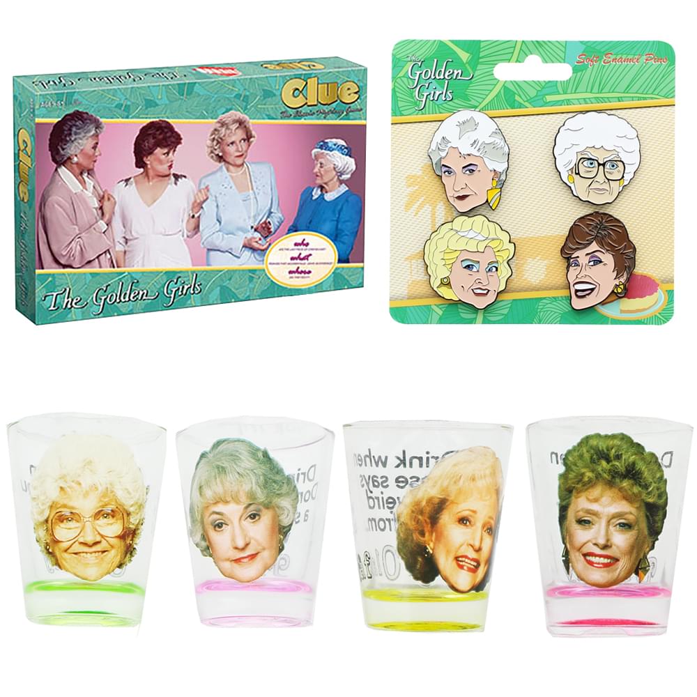 The Golden Girls Clue Board Game, Shot Glass 4-Pack and Enamel Pins Bundle