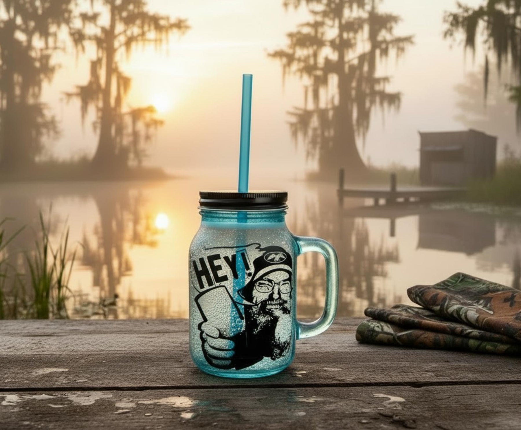 Duck Commander Si Hey 16oz Blue Mason Jar Mug w/ Straw