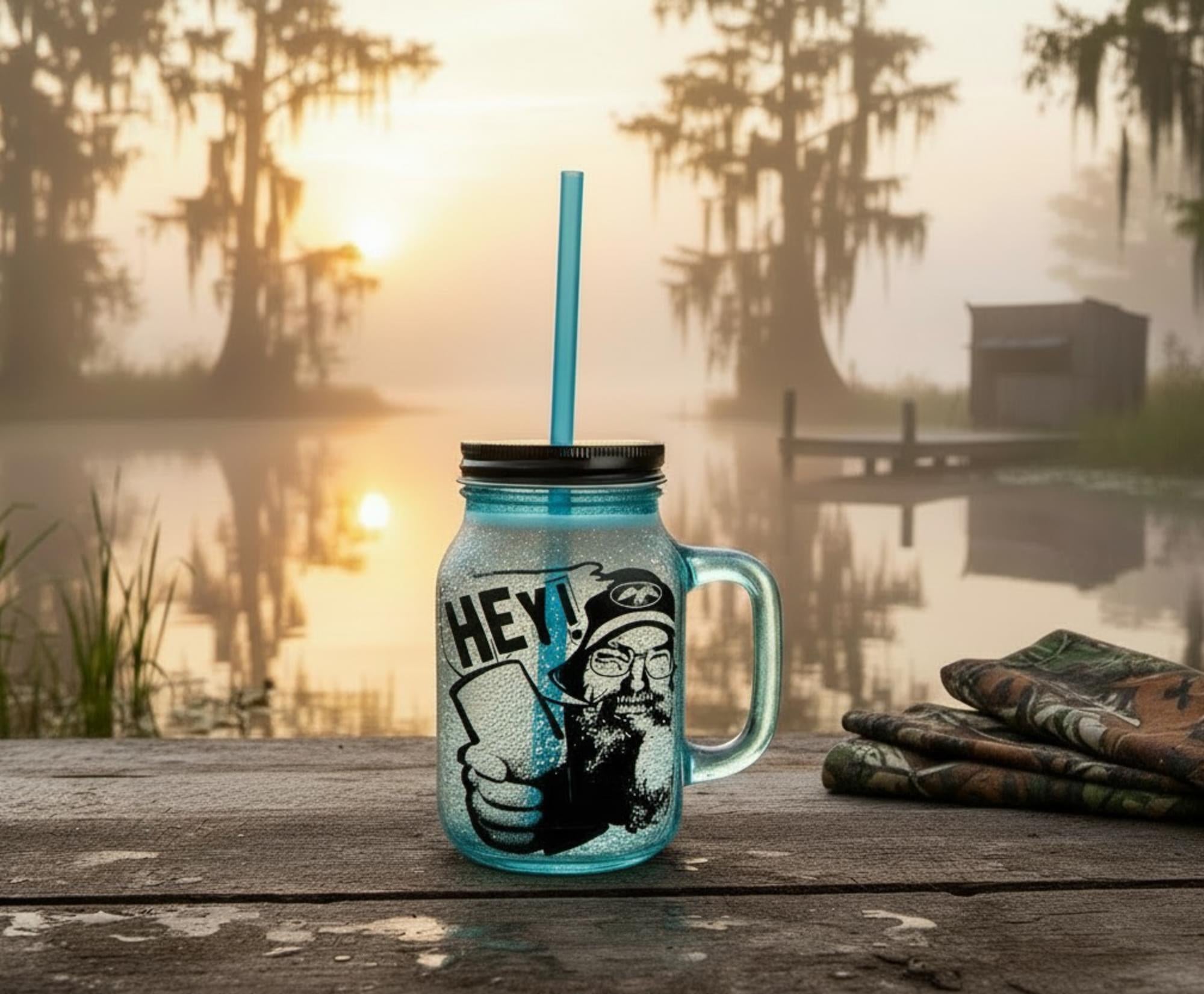 Duck Commander Si Hey 16oz Blue Mason Jar Mug w/ Straw