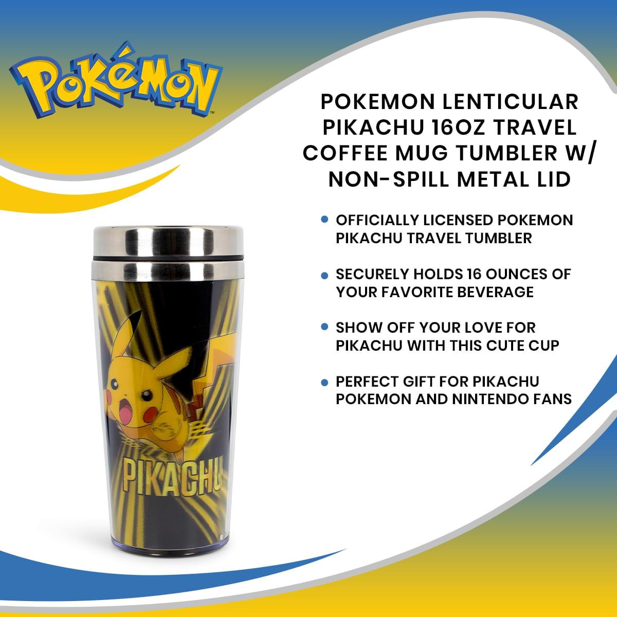 Pokemon Lenticular Pikachu 16oz Travel Coffee Mug Tumbler w/ Non-Spill Metal Lid