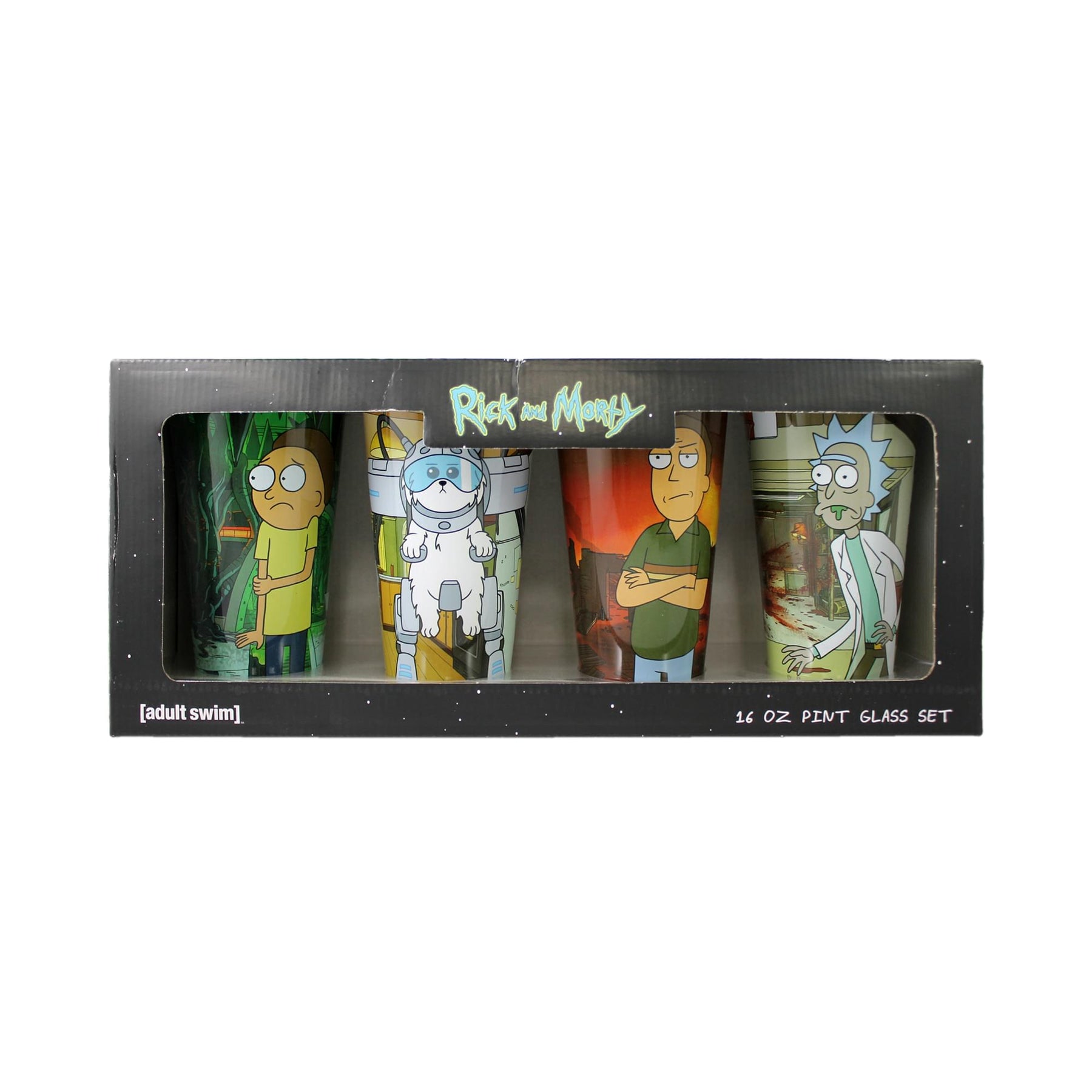 Rick and Morty 16 Ounce Pint Glass Set of 4 | Rick | Morty | Jerry | Snuffles