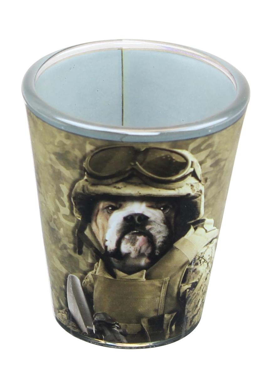Combat Dog Drinkware Bundle: 2oz Shot Glasses, 11oz Mug, 7oz Flask