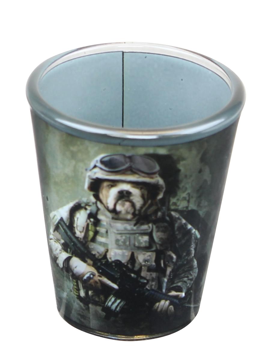 Combat Dog Drinkware Bundle: 2oz Shot Glasses, 11oz Mug, 7oz Flask