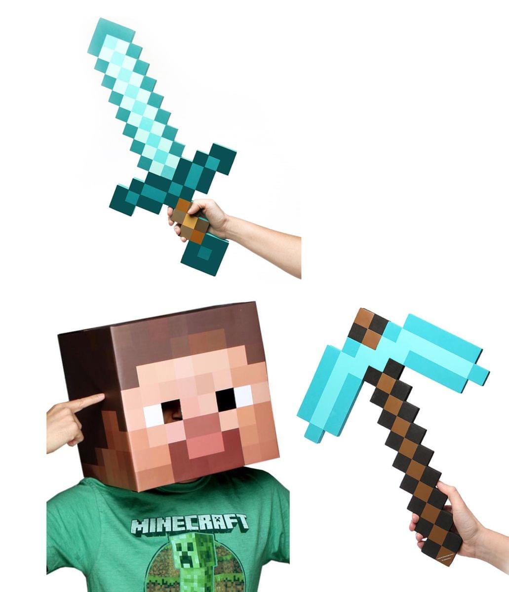 Minecraft Steve Head, Diamond Sword & Pickaxe Costume Set
