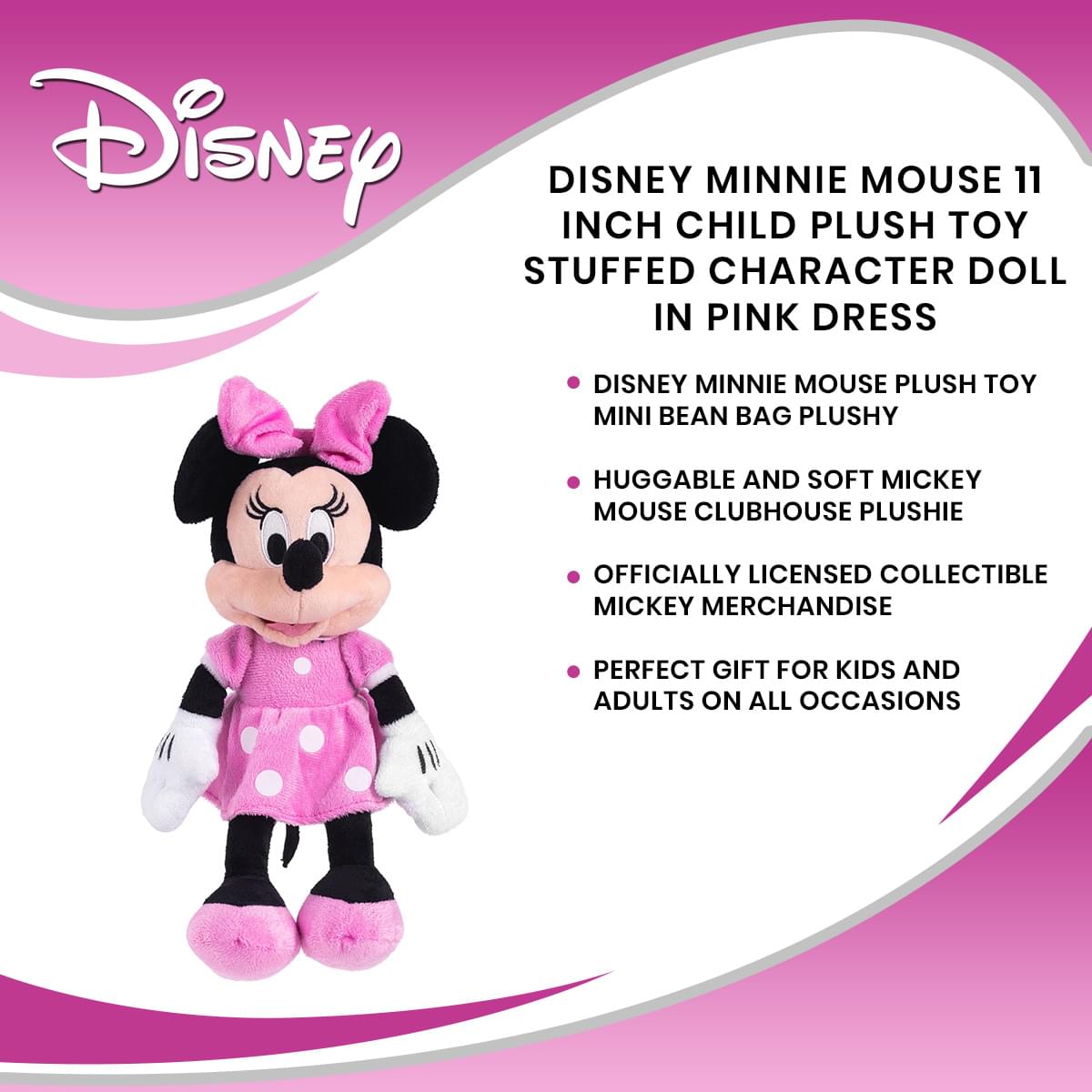 Disney Minnie Mouse 11 inch Child Plush Toy Stuffed Character Doll in Pink Dress