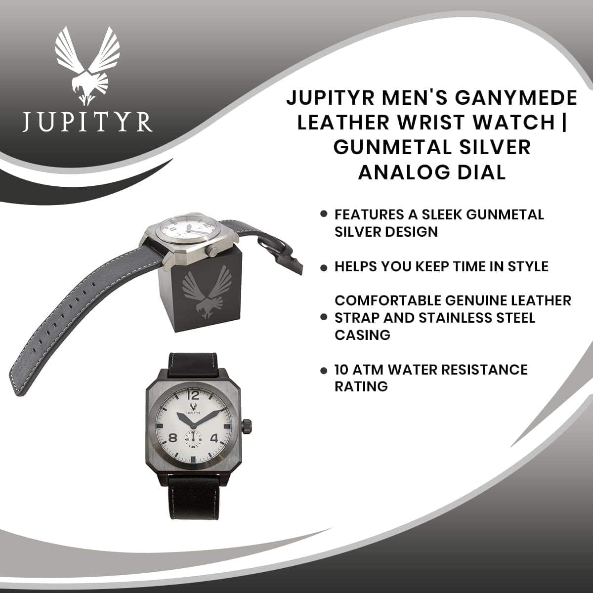 JUPITYR Men's Ganymede Leather Wrist Watch | Gunmetal Silver Analog Dial