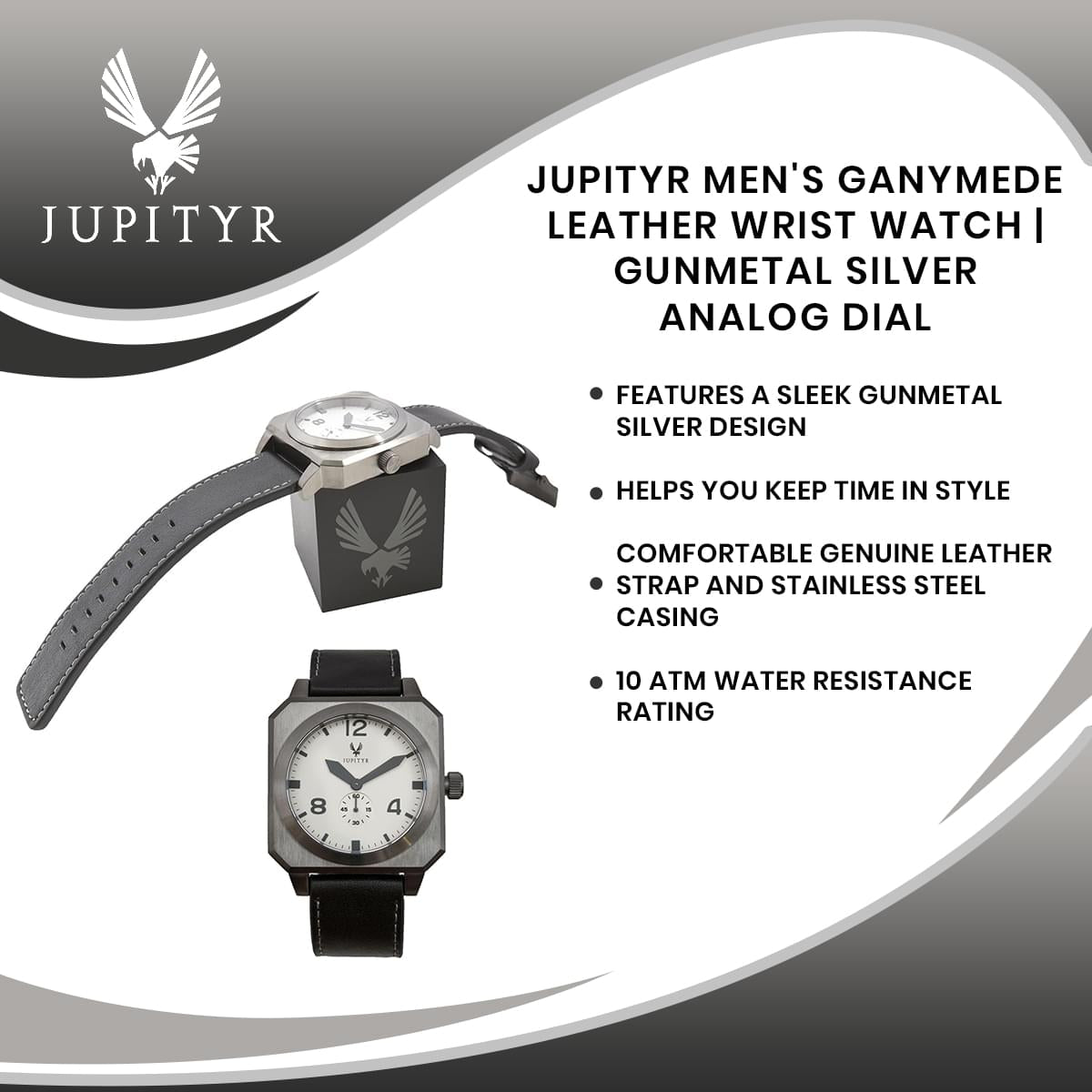 JUPITYR Men's Ganymede Leather Wrist Watch | Gunmetal Silver Analog Dial