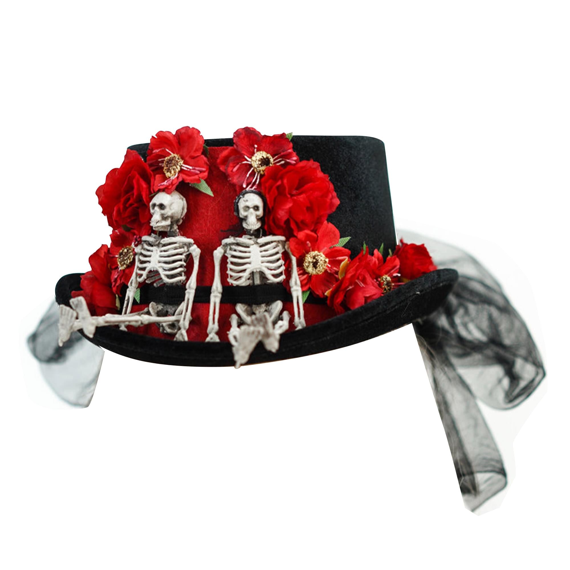 Day of the Dead Skeleton Couple Adult Costume Top Hat with Red Roses