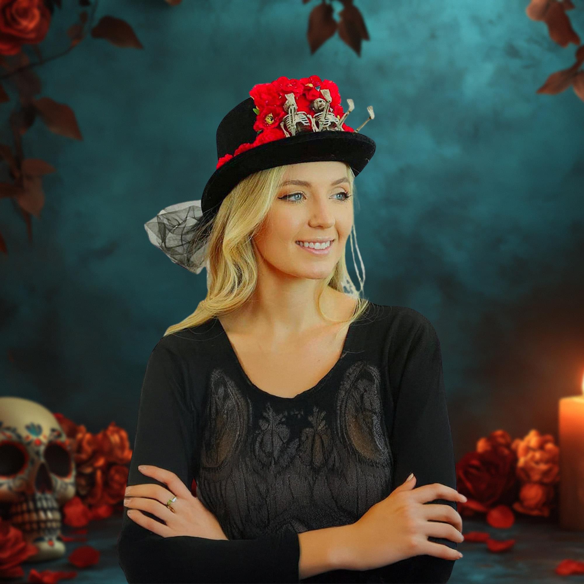 Day of the Dead Skeleton Couple Adult Costume Top Hat with Red Roses
