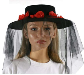 Day of the Dead Skeleton Adult Costume Gaucho Hat with Red Roses and Veil