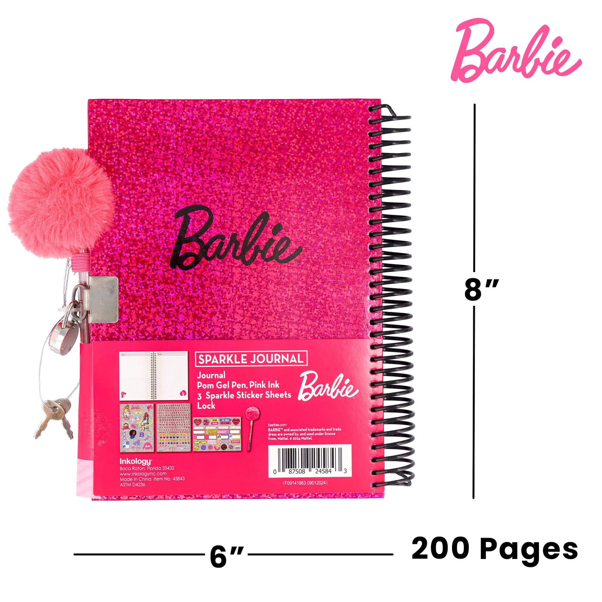 Barbie 200-Page Spiral Notebook With Lock, Gel Pen, and Stickers | 6 x 8 Inches