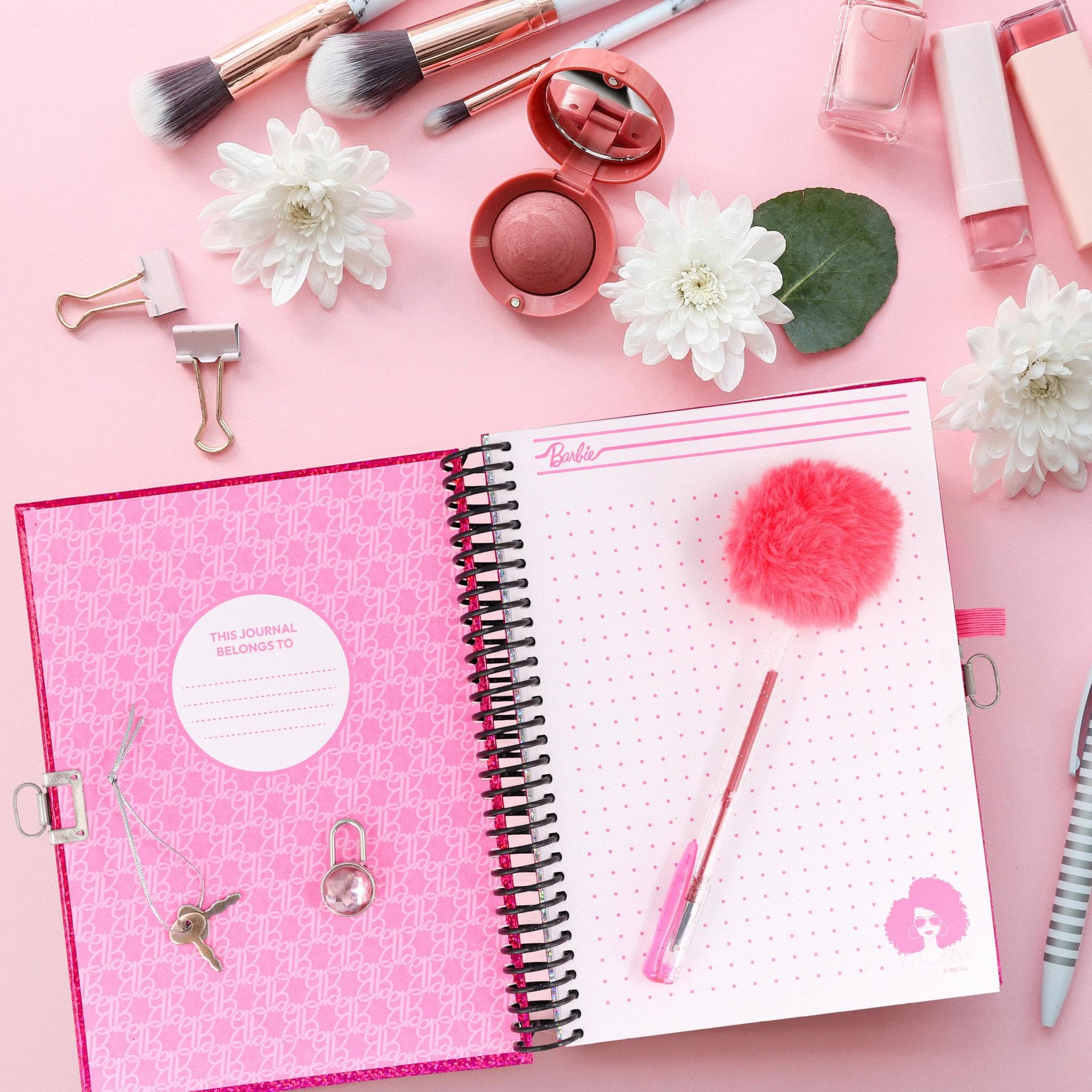 Barbie 200-Page Spiral Notebook With Lock, Gel Pen, and Stickers | 6 x 8 Inches