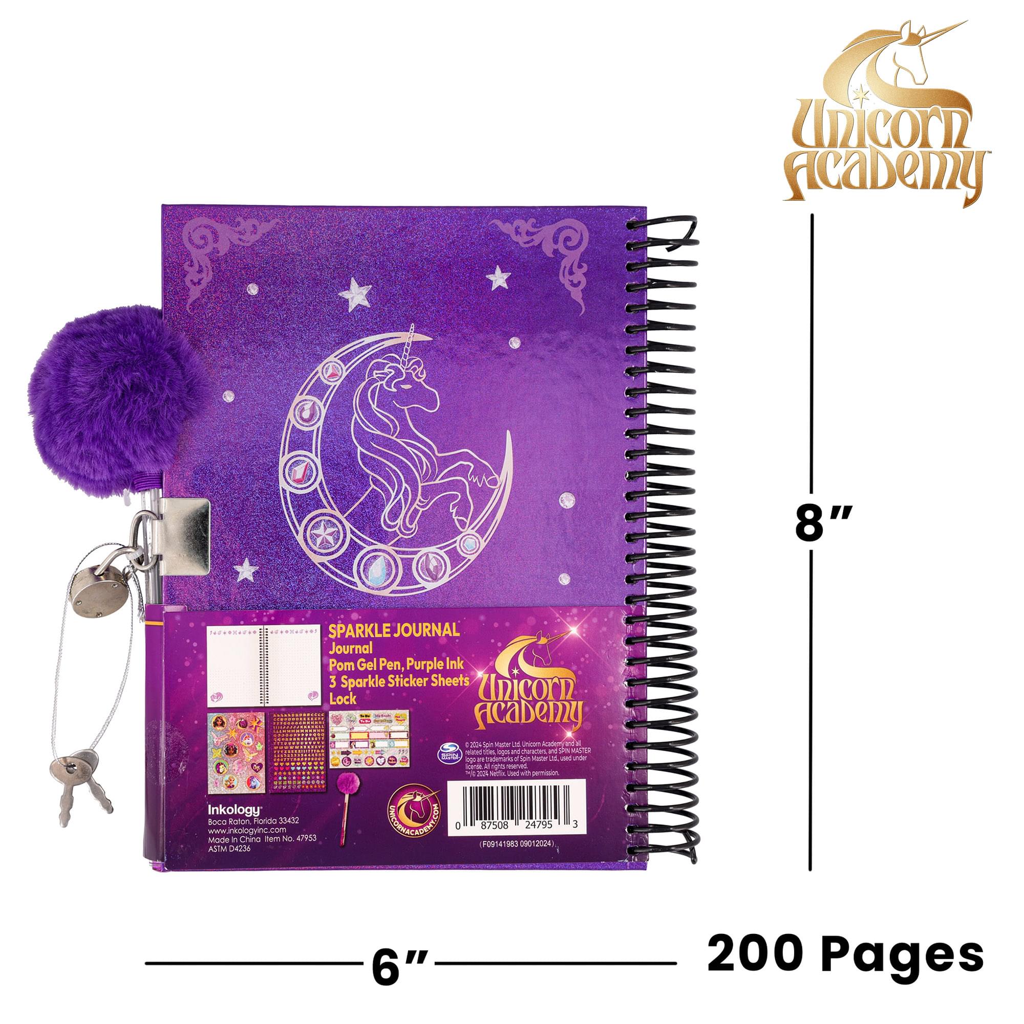 Unicorn Academy Spiral Notebook With Lock, Gel Pen and Stickers | 6 x 8 Inches