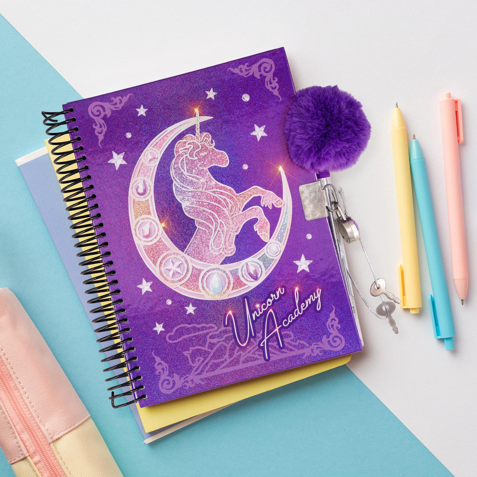 Unicorn Academy Spiral Notebook With Lock, Gel Pen and Stickers | 6 x 8 Inches